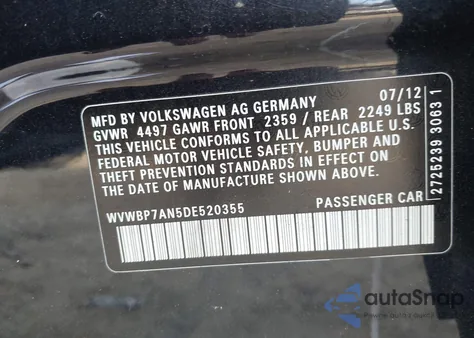 2013 Volkswagen Cc 2.0T Sport Plus from USA, damaged, VIN WVWBP7AN5DE520355